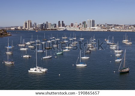 SAN DIEGO, CALIFORNIA - FEB. 12, 2013: A View of Yacht Club and San Diego. San Diego is second-largest city at the Pacific Ocean in California. It is the eighth-largest city in the United States.