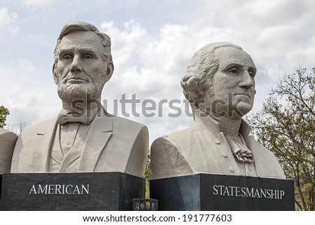 HOUSTON, TX - MARCH 21, 2013: American Statesmanship Park in Houston, Texas. Sculptures created with, Stephen F. Austin, Sam Houston, Abraham Lincoln and George Washington by Artist David Adickes.