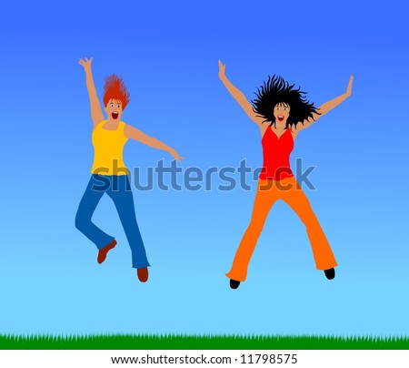2 girls jump for joy