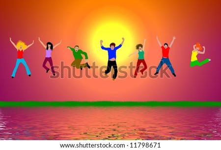 friends jump for joy - sunset