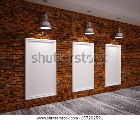Poster in room on a brick wall with lamps & frame