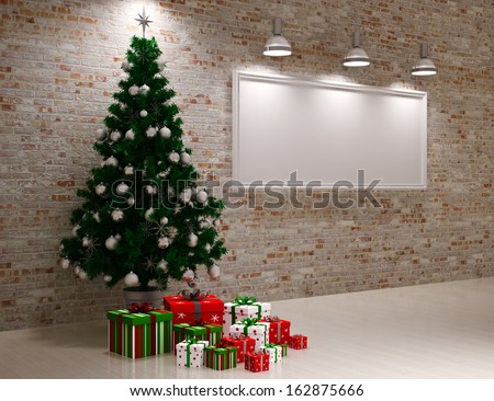 Cristmas Banner On Wall With Christmas Tree &Amp; Gifts