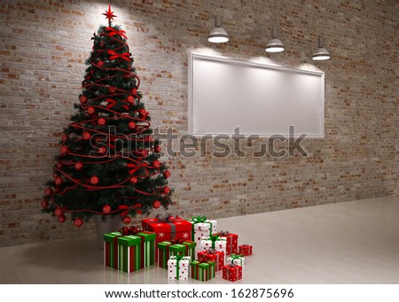 Cristmas Banner on wall with Christmas tree & gifts