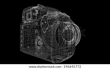 Black digital camera 3D model body structure, wire model