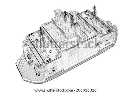 ferryboat  Cargo 3D model body structure, wire model