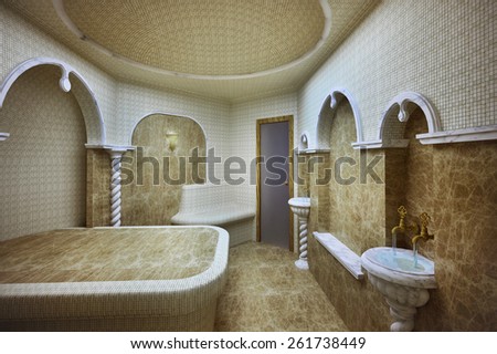 Turkish steam room made of marble and mosaics.3D illustration