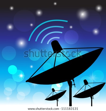 Silhouette satellite on blue background. Communication and technology. Vector illustration