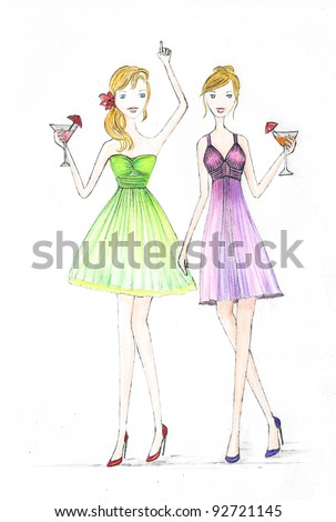 Blond girls in a cocktail party one wearing a green strapless cocktail dress, pretty red sandals, a red flower in hair. Other wearing a purple cocktail dress with matching purple high-heel sandals.