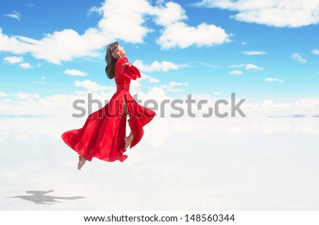 Flying woman in red kimono