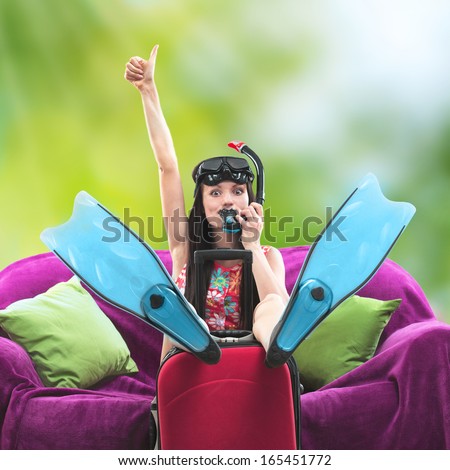 Funny Portrait Of A Girl Going On A Vacation With Her Travel Luggage And Snorkeling Equipment Against A Summer Background