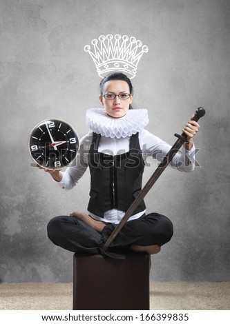 Queen of office. Business lady in ruff collar with a clock, a sword and a pictured crown