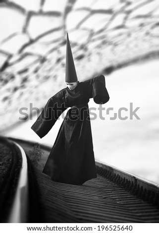Strange person in black cloak and dunce hat standing on rails and looking at a plant. Black and white image