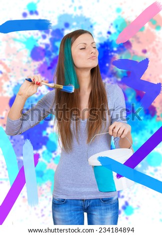 Woman painting the walls and the lock of her hair