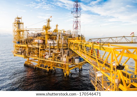 Oil Platform Yellow Color In The Sea