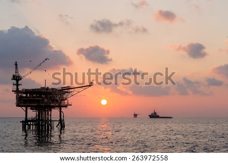 production platform rig in oil field when sunset