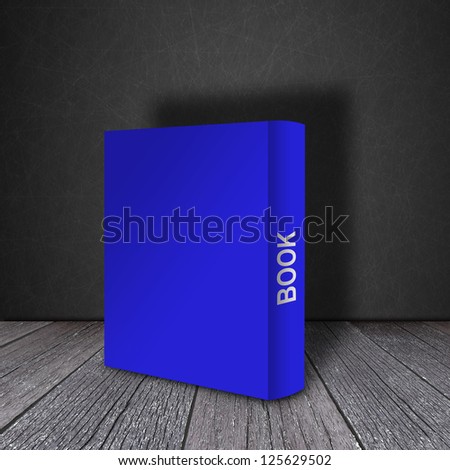 Blue book on wood shelf with Blackboard background