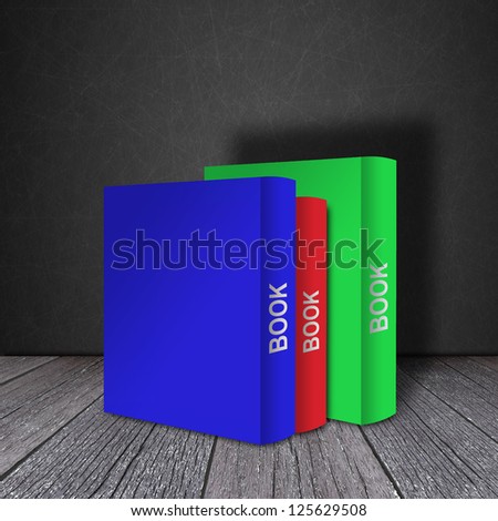 Multicolored book on wood shelf with Blackboard background