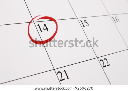 calendar showing February the 14th marked with a red ring around  the date