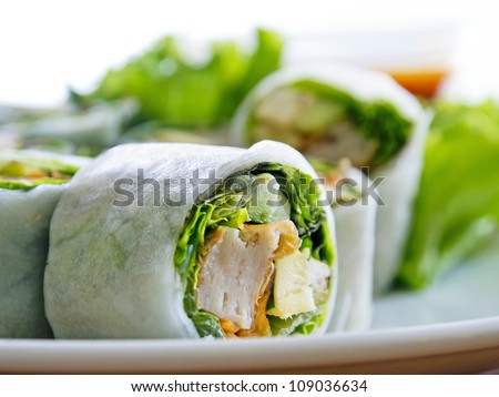 vegetables and soy bean cake in noodle tube, southeast asian style food