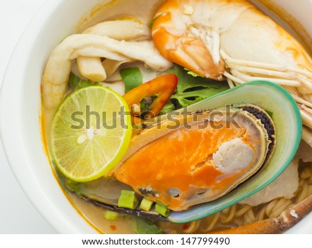 closeup Thai food, Tom Yam sea food noodle