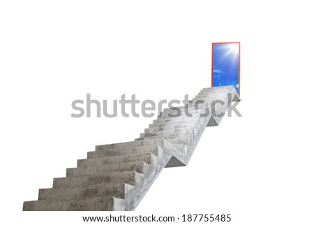 Concrete stairway leading to exit door opening to blue sky, isolated on white