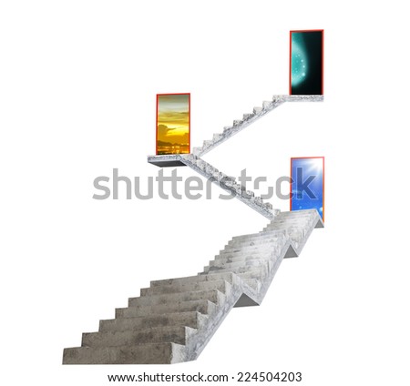Concrete stairway leading to exit door opening to blue sky, to evening sky and night sky, isolated on white