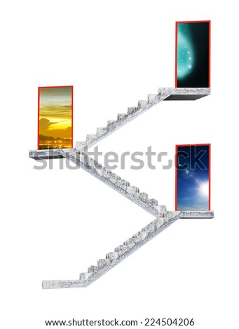 Concrete stairway leading to exit door opening to blue sky, to evening sky and night sky, isolated on white