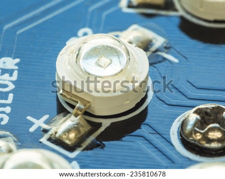 close up of laser diode, high power LED installed on blue circuit board
