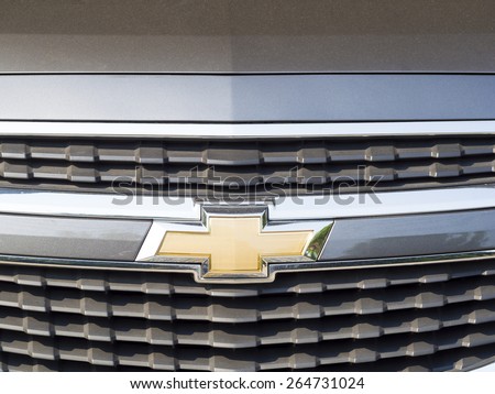 BANGKOK, THAILAND - MARCH 07, 2015: close up of CHEVROLET logo on the front of a car. CHEVROLET is American\'s car manufacturer which sold around the world.