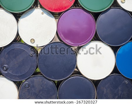 many color metal barrel, oil containers placed outdoor