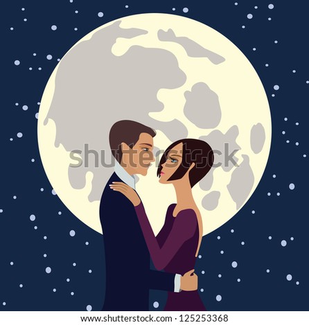 young man and woman looking at each other with loving eyes on the background of the moon.