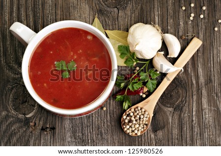 Tomato soup on kitchen table