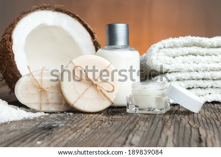 Bars of soap, coconut  and face cream-spa setting