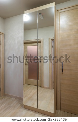 modern interior with bright wooden wardrobe with mirror
