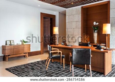 retro office room interior with desk and armchair