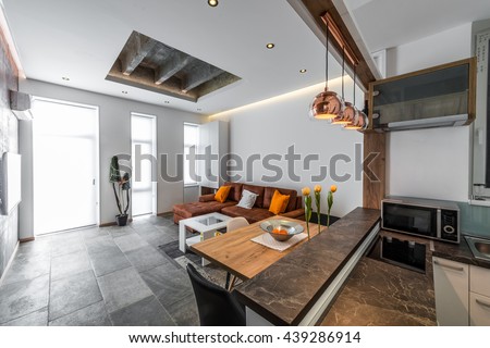 View from kitchen to living room in modern flat interior