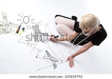 Blond business woman draw vacation isolated