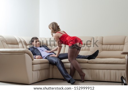 Curvy Slim Girl Flirting With Relaxing Businessman