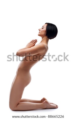 stock photo Strength naked woman doing yoga exercise isolated