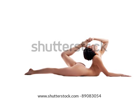 stock photo yong naked woman lay in yoga pose isolated