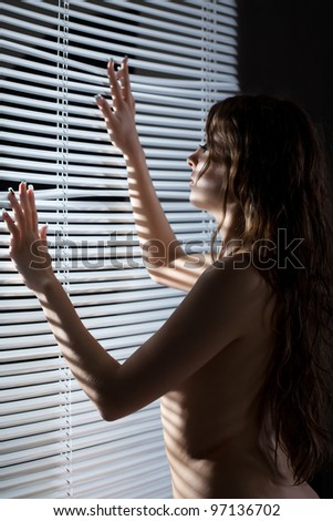 naked girl stand before venetian blind