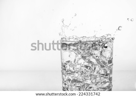 Splashing of water with ice in glass