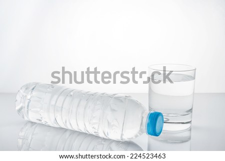 water in plastic bottle with glass