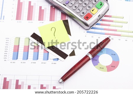 Business still-life of tables, payment terminal, credit Cards, pen, sticker