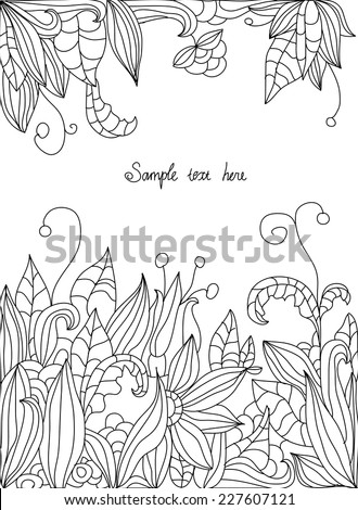 beautiful decorative stylized line drawing of flowers foliage black and white, drawings of flowers leaves