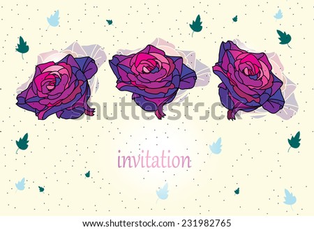 decorative vector invitation, beautiful background with flowers roses on yellow,three roses
