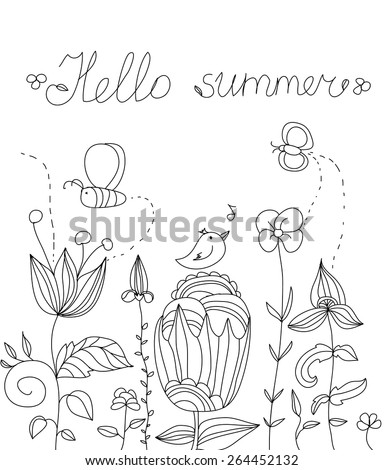 abstract floral background with meadow flowers summer and the bee with the words Hello summer