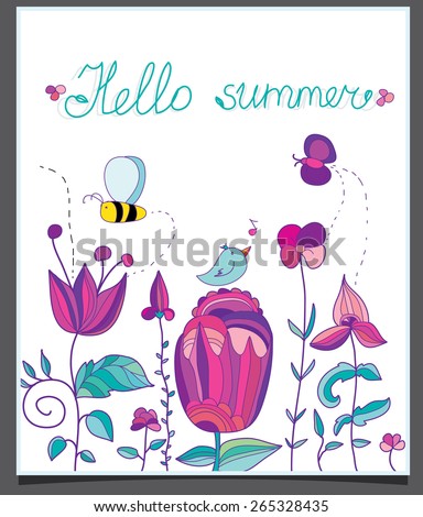 background with flowers summer and bird,butterfly and bee and the words Hello summer