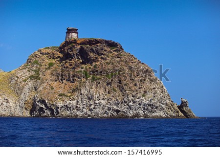 Tower on Capraia island Elba from the sea, Tuscany, Italy, Europe