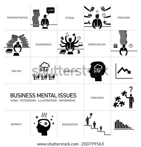vector business mental issues icons set of depressed and stressed managers black modern flat design illustrations separated on white background vector business mental issues icons set of depressed and stressed managers black modern flat design illustrations separated on white background